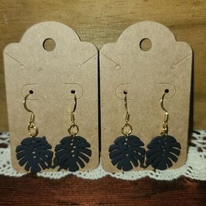Handmade Navy Blue Monstera Leaf Earrings